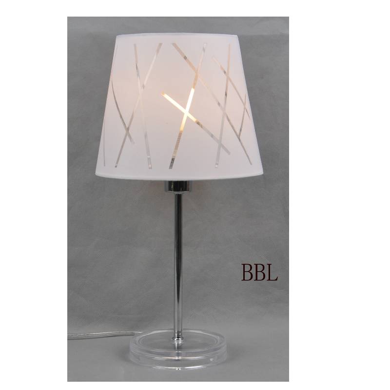 Table lamp with fabric shade and transparent acrylic base