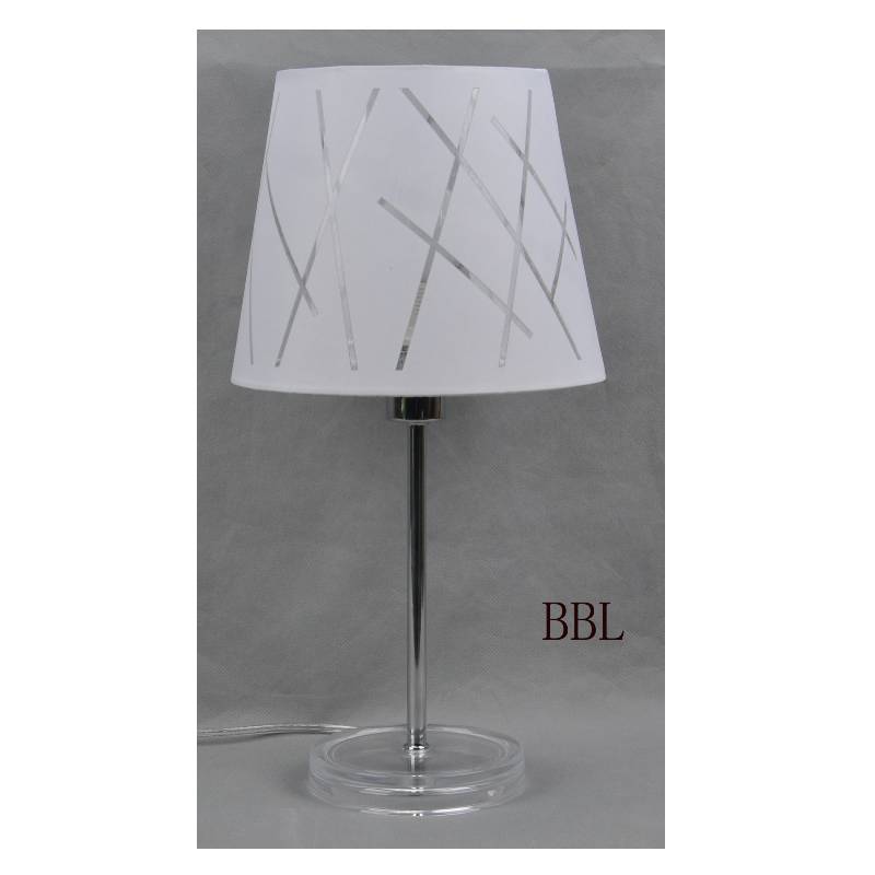 Table lamp with fabric shade and transparent acrylic base